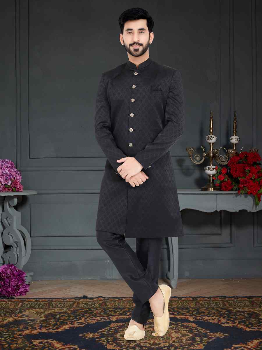 Black Turkey Sartin Weaving Woven Festival Party Sherwani