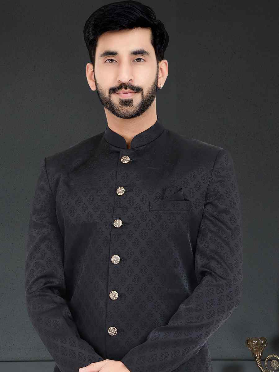 Black Turkey Sartin Weaving Woven Festival Party Sherwani