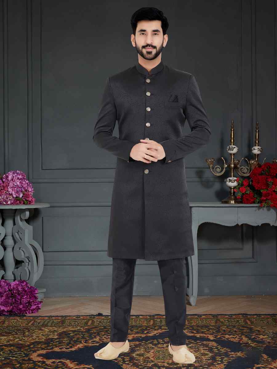 Black Turkey Sartin Weaving Woven Festival Party Sherwani