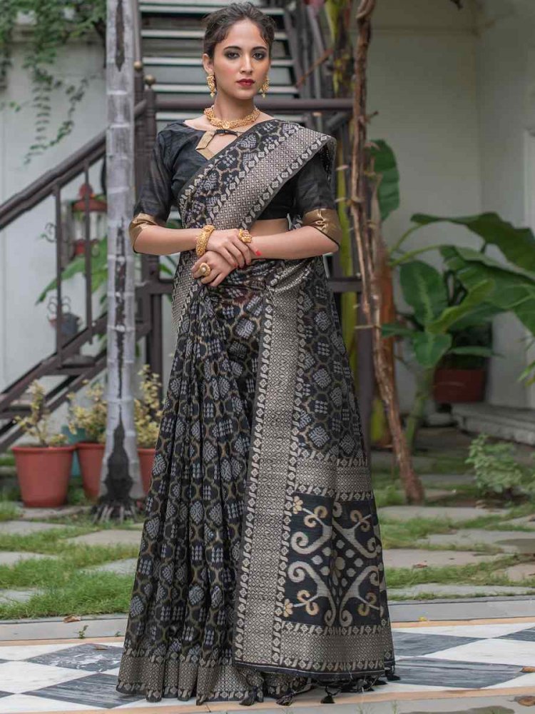 Black Tussar Silk Handwoven Party Festival Heavy Border Saree