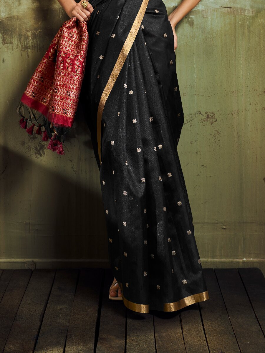 Black Tussar Silk Handwoven Weaving Wedding Reception Party Festival Heavy Border Sarees
