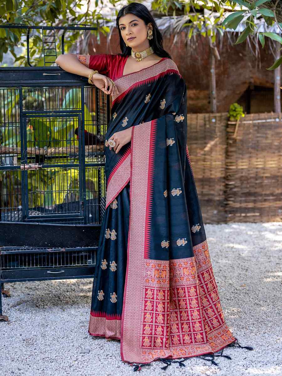 Black Tussar Silk Handwoven Wedding Festival Heavy Border Saree