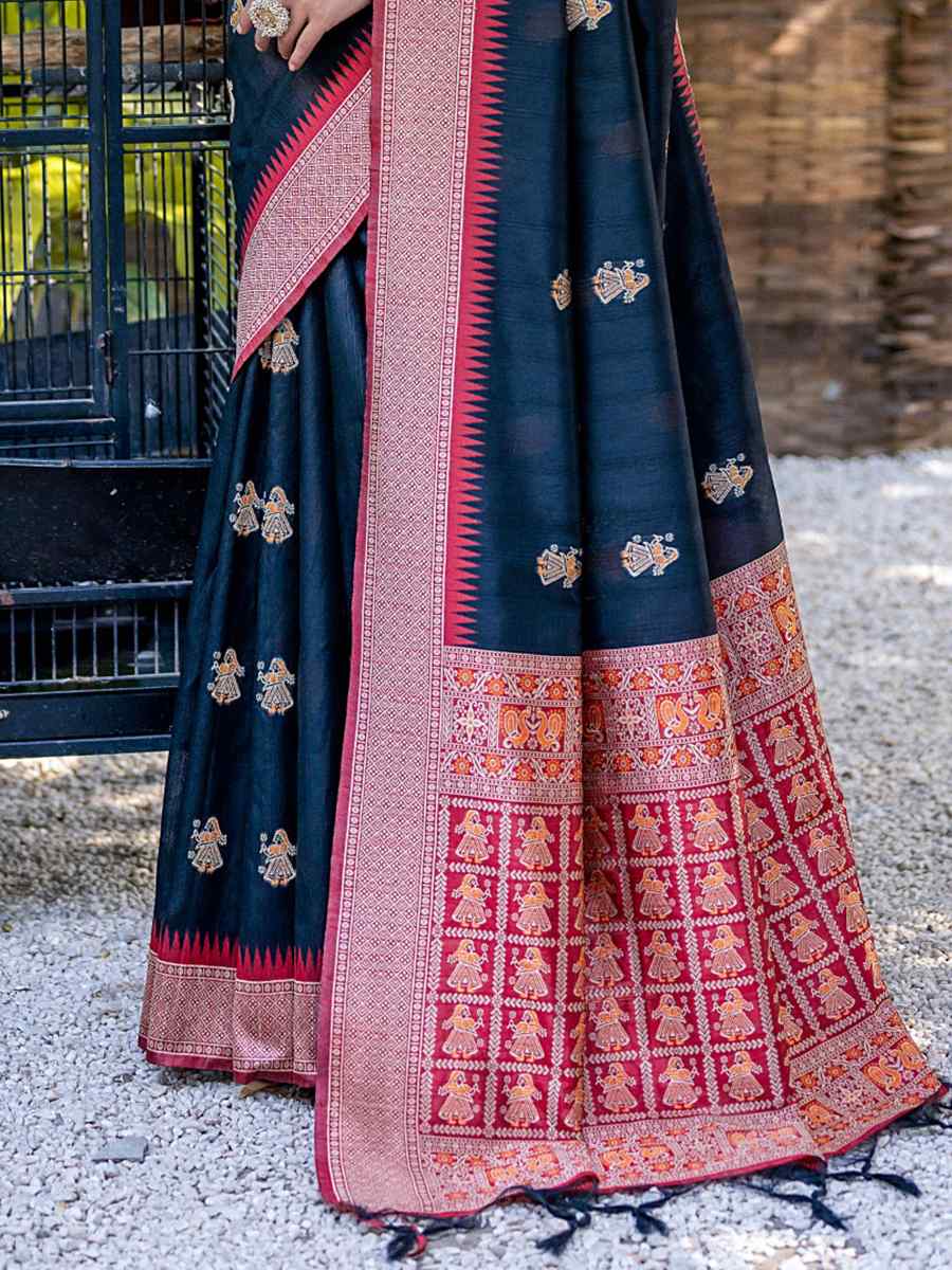 Black Tussar Silk Handwoven Wedding Festival Heavy Border Saree