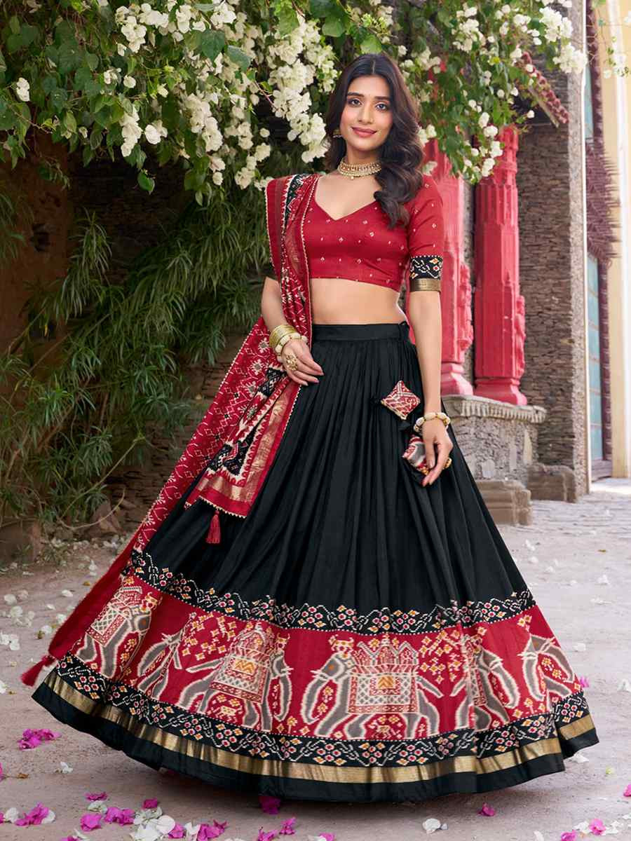 Black Tussar Silk Printed And Hand Embroidered Party Reception Wedding Lehenga Choli