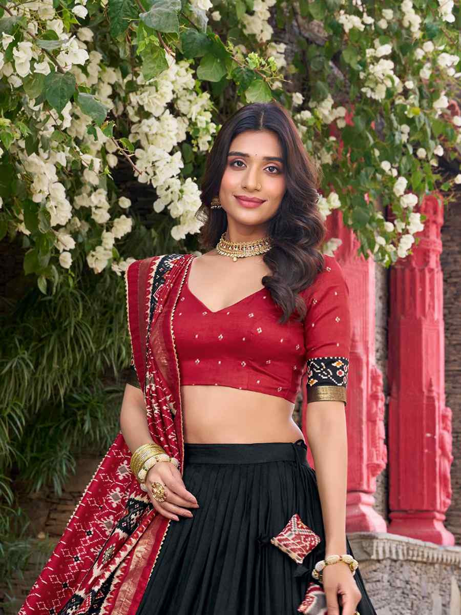 Black Tussar Silk Printed And Hand Embroidered Party Reception Wedding Lehenga Choli