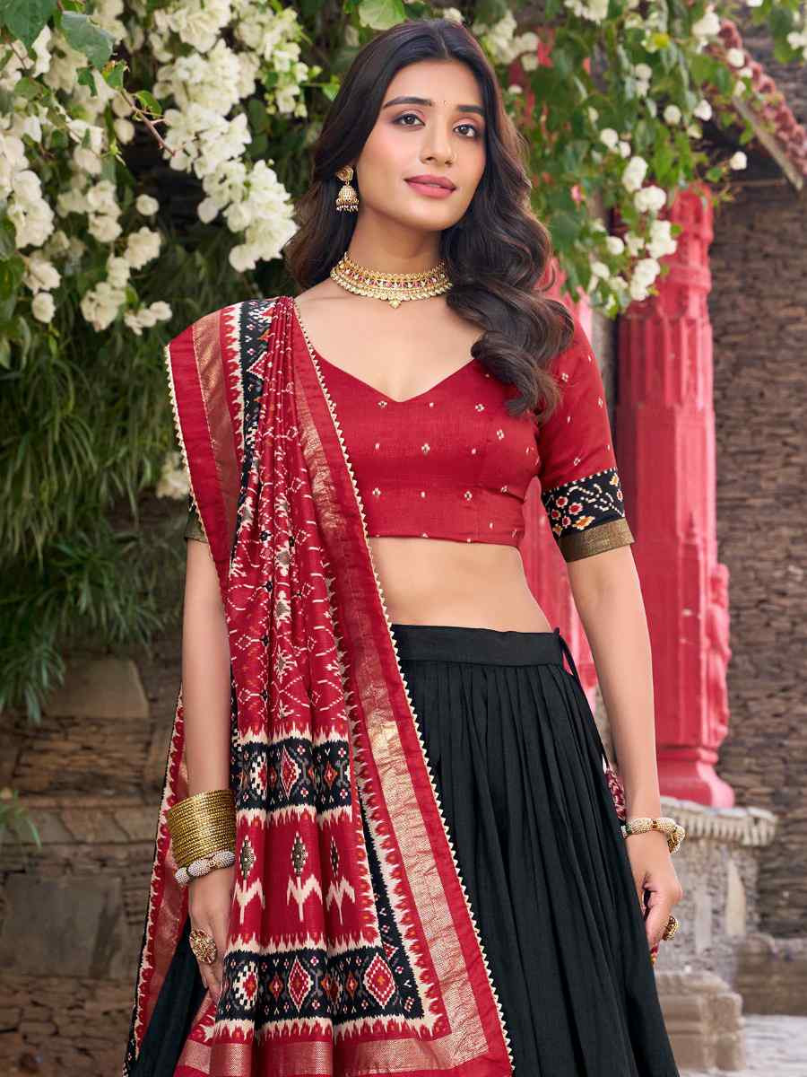 Black Tussar Silk Printed And Hand Embroidered Party Reception Wedding Lehenga Choli