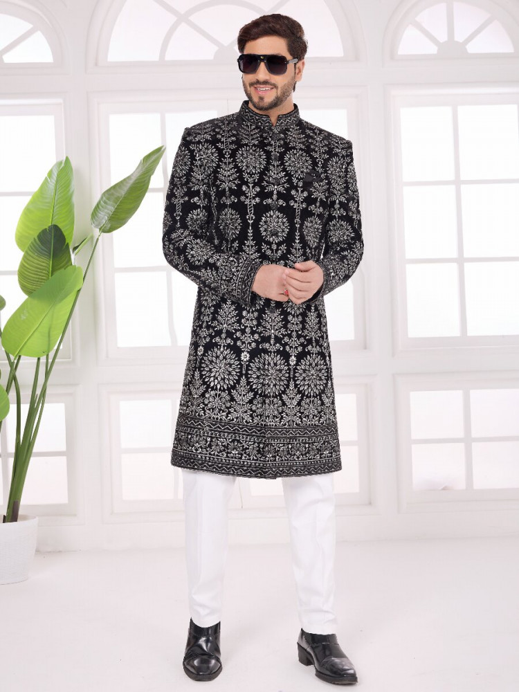 Image of Black Valvet Embroidered Computer Thread work Wedding Party Festival Groom Sherwani