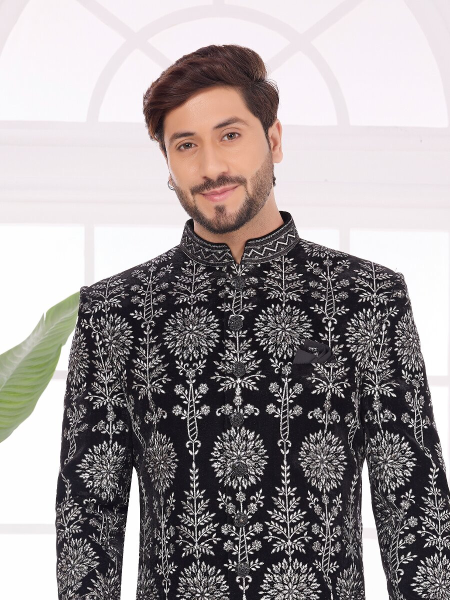 Black Valvet Embroidered Computer Thread work Wedding Party Festival Groom Sherwani