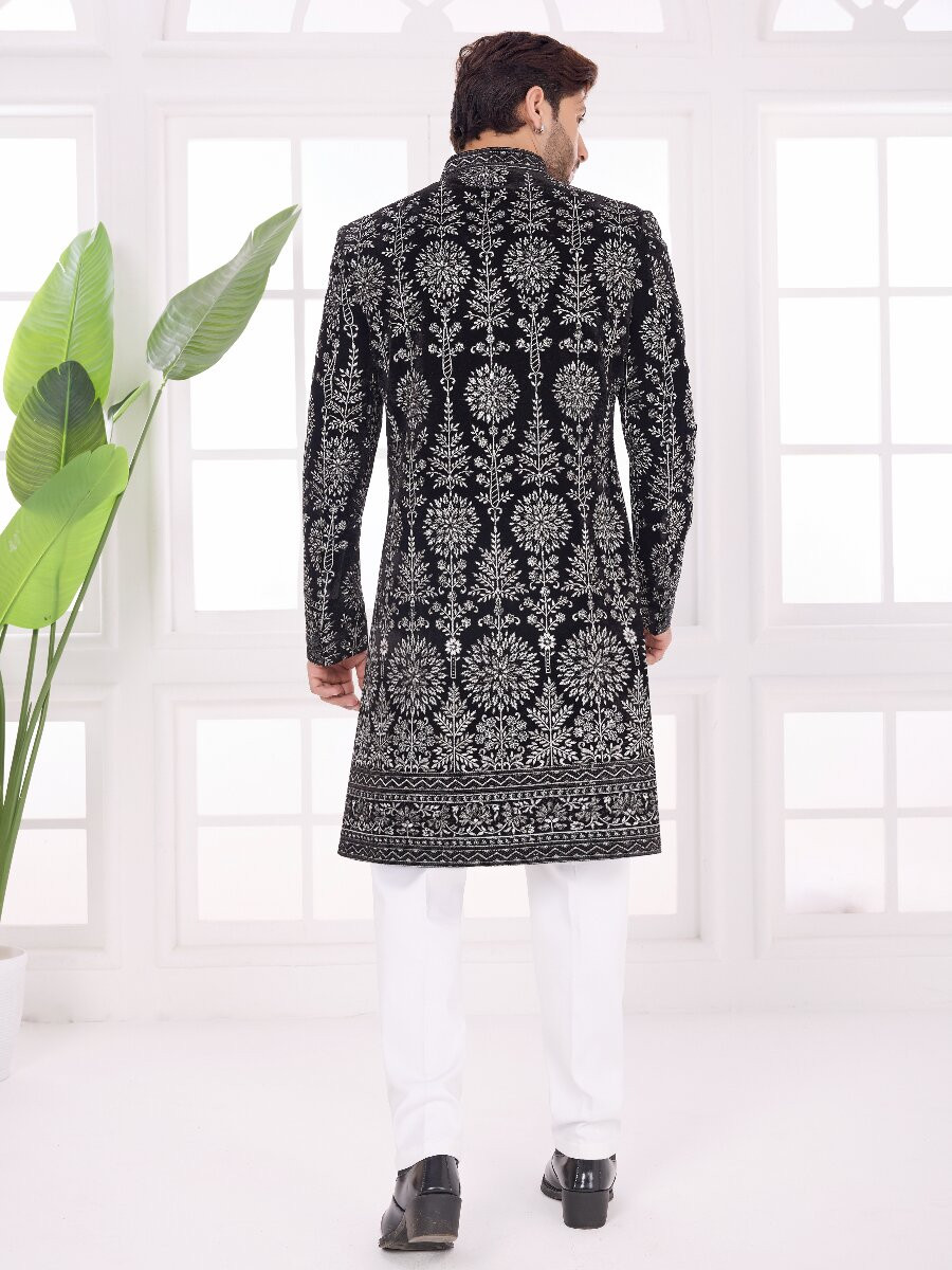 Black Valvet Embroidered Computer Thread work Wedding Party Festival Groom Sherwani