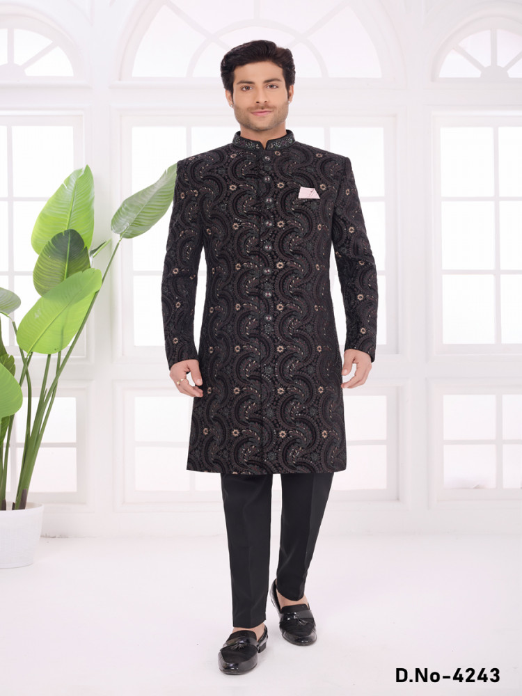 Image of Black Valvet Embroidered Computer Thread work Wedding Party Festival Groom Sherwani