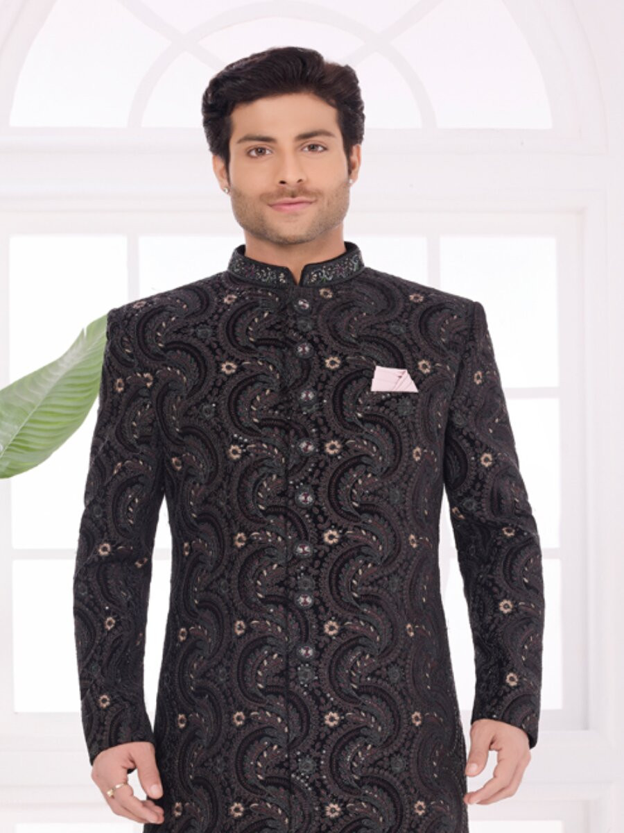 Black Valvet Embroidered Computer Thread work Wedding Party Festival Groom Sherwani