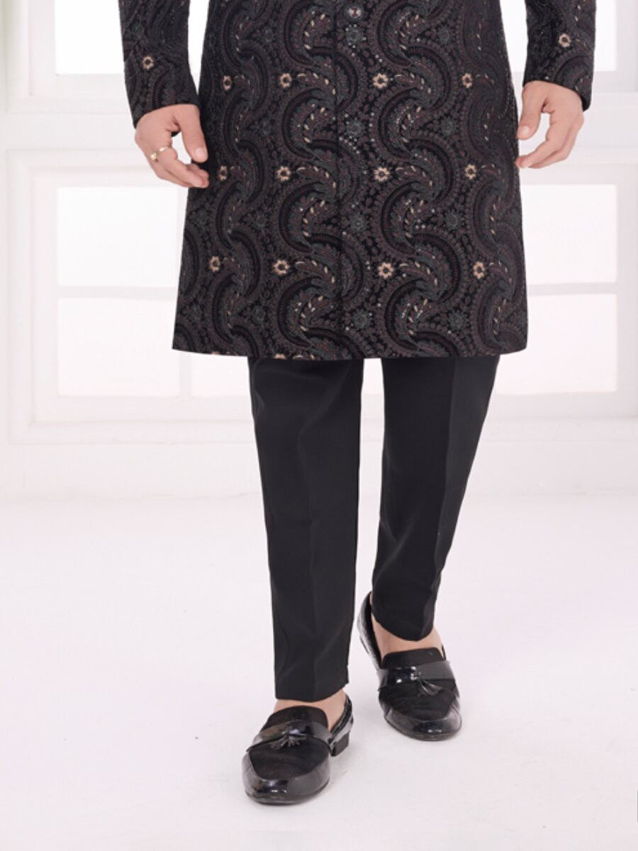 Black Valvet Embroidered Computer Thread work Wedding Party Festival Groom Sherwani
