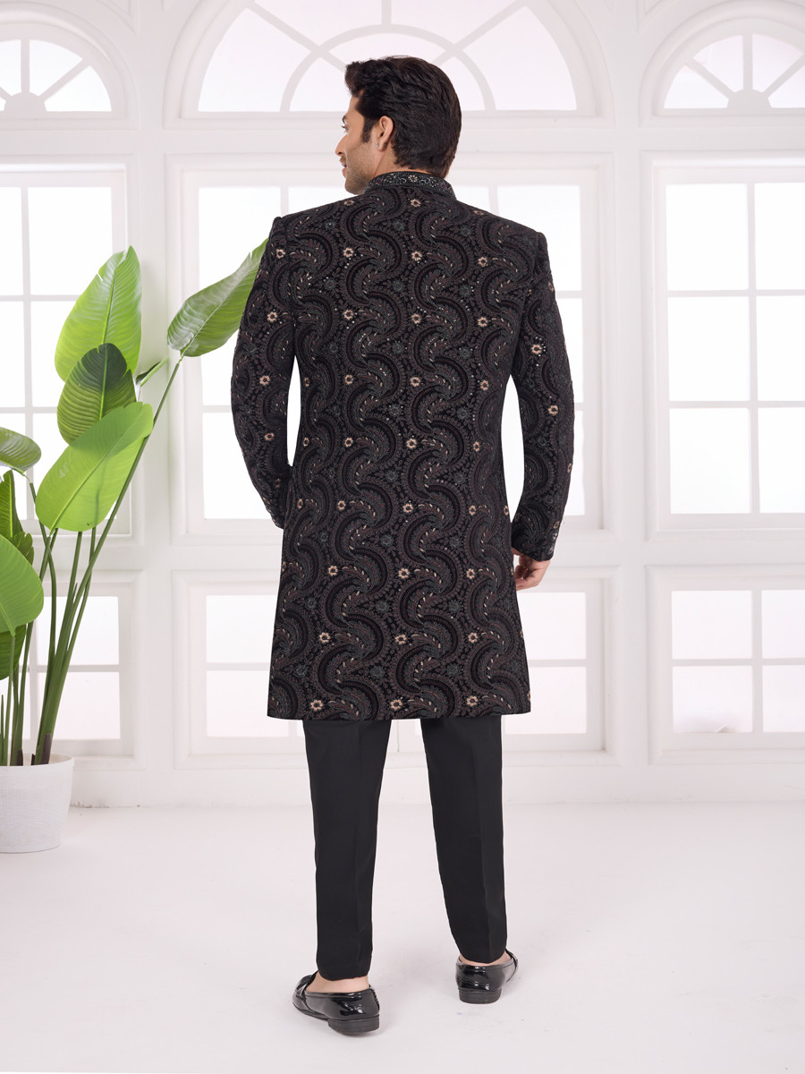 Black Valvet Embroidered Computer Thread work Wedding Party Festival Groom Sherwani