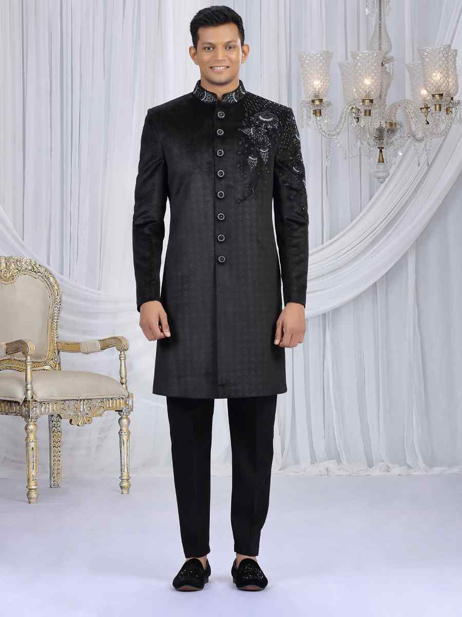 Black Valvet Embroidered Festival Wedding Mens Sherwani