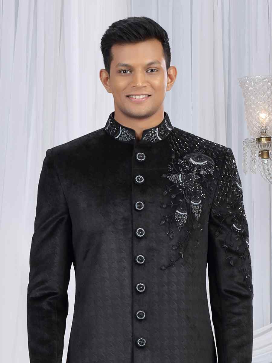 Black Valvet Embroidered Festival Wedding Mens Sherwani