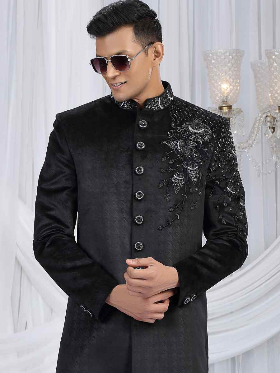 Black Valvet Embroidered Festival Wedding Mens Sherwani