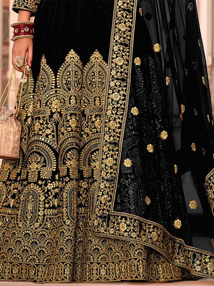 Black Velvet Embroidered Engagement Wedding Anarkali Salwar Kameez