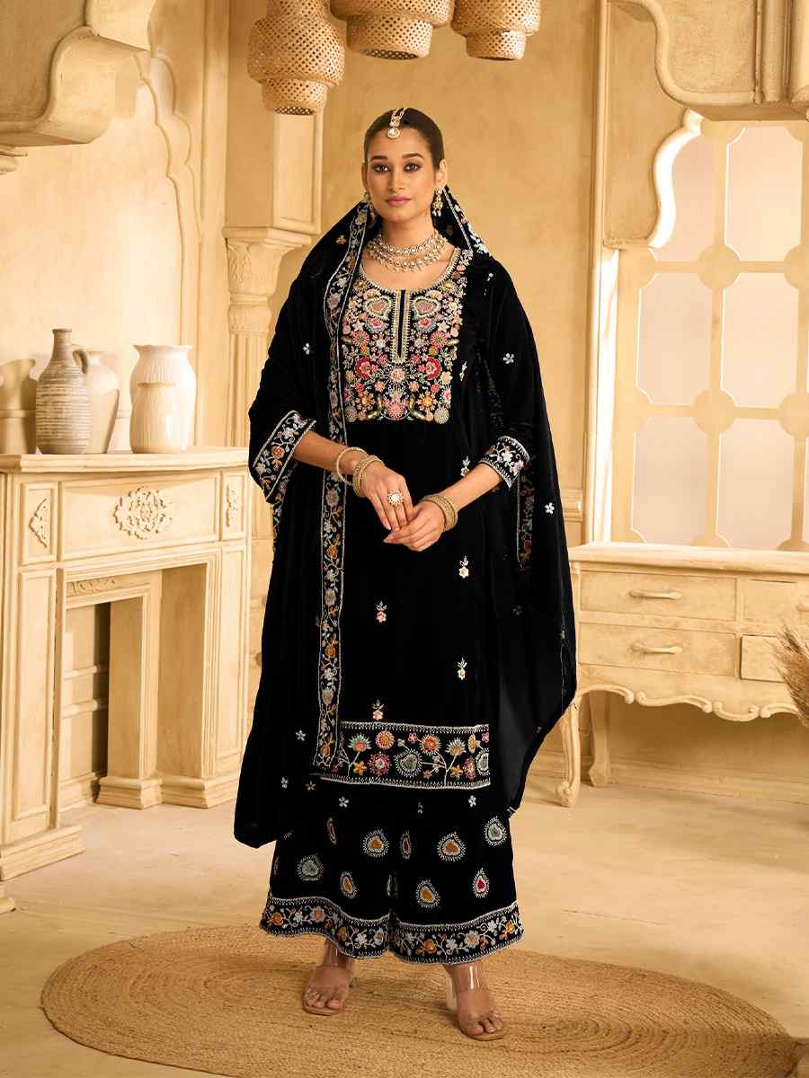 Black Velvet Embroidered Festival Casual Palazzo Pant Salwar Kameez