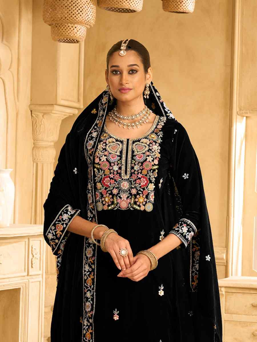 Black Velvet Embroidered Festival Casual Palazzo Pant Salwar Kameez