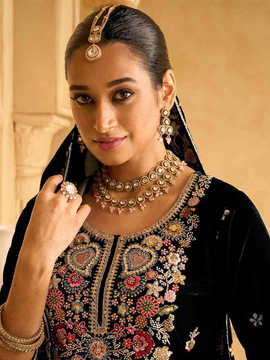 Black Velvet Embroidered Festival Casual Palazzo Pant Salwar Kameez