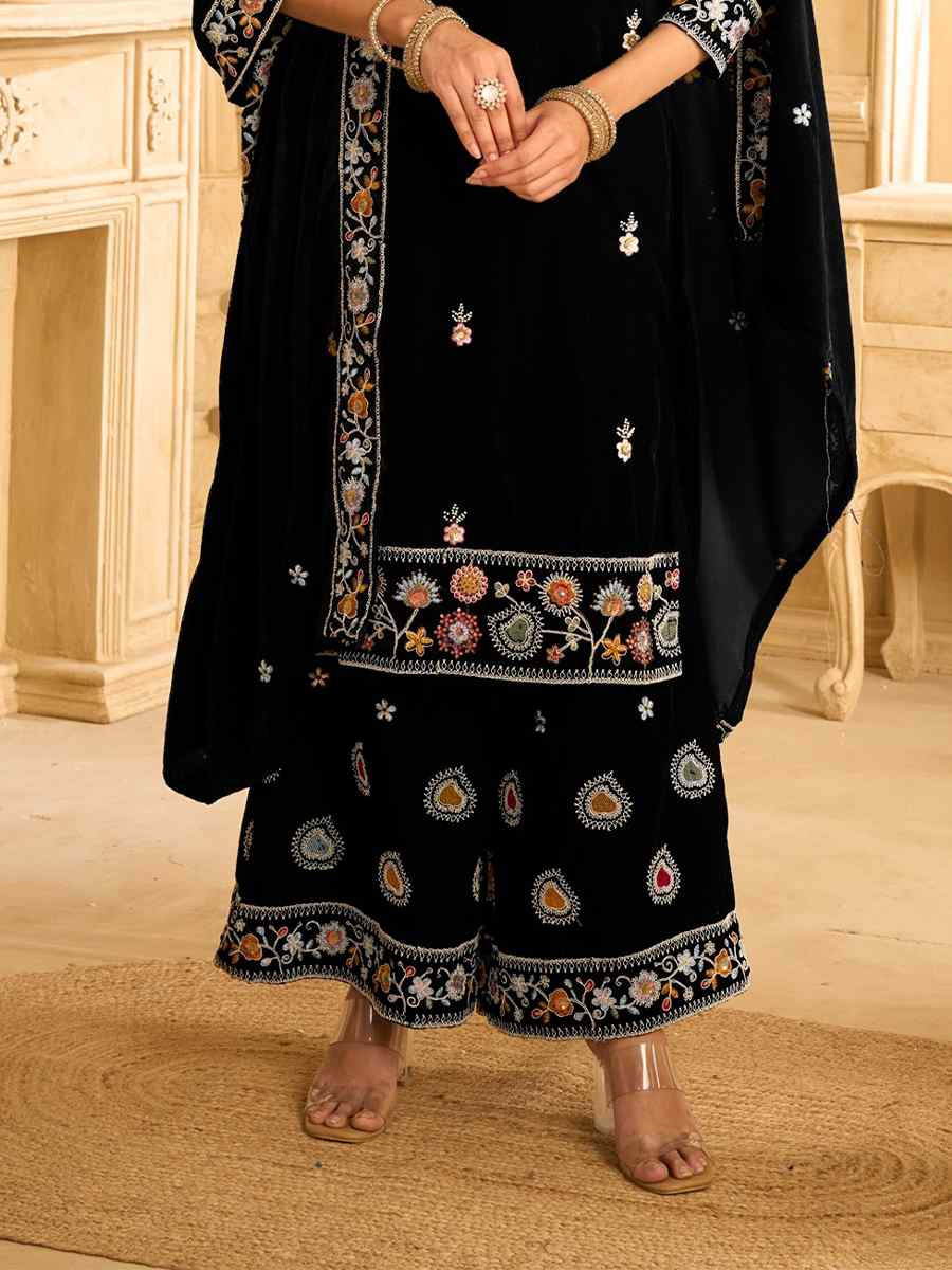 Black Velvet Embroidered Festival Casual Palazzo Pant Salwar Kameez