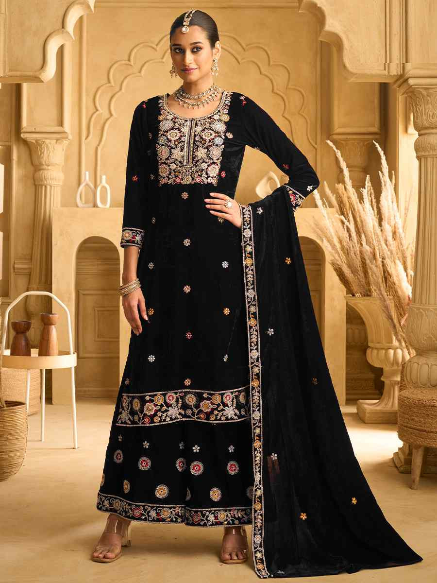 Black Velvet Embroidered Festival Casual Palazzo Pant Salwar Kameez