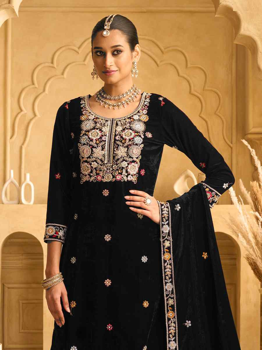Black Velvet Embroidered Festival Casual Palazzo Pant Salwar Kameez