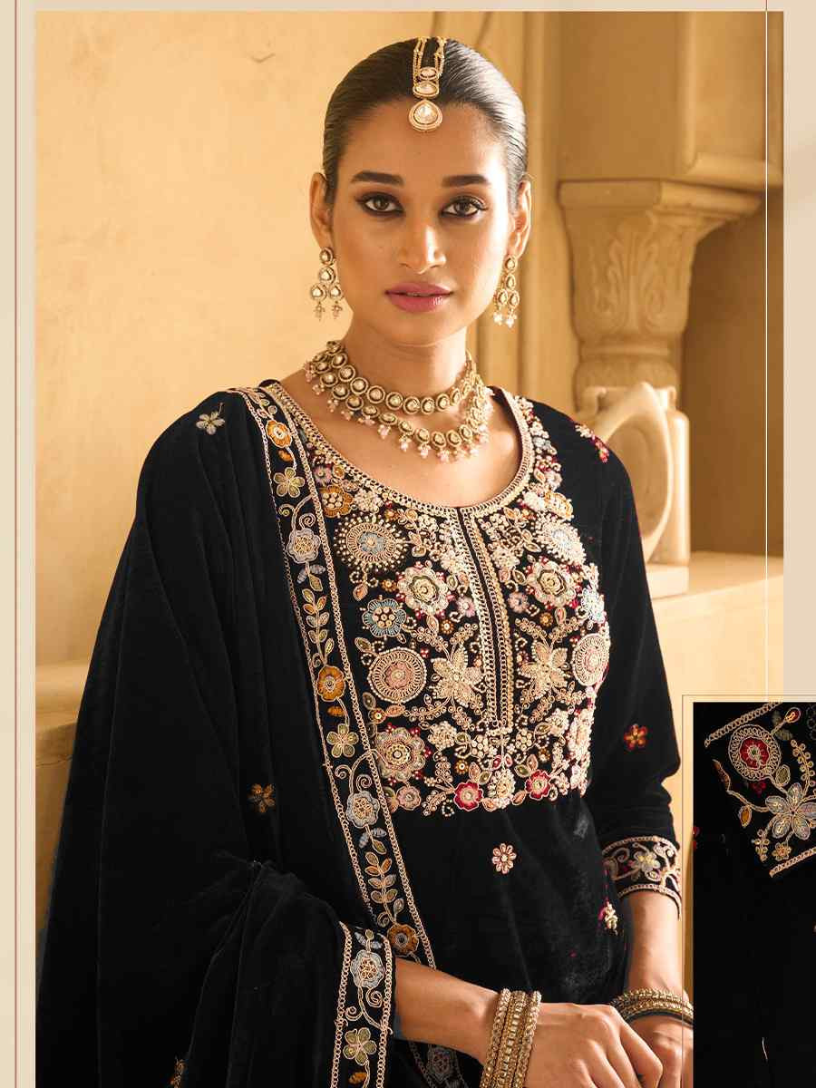 Black Velvet Embroidered Festival Casual Palazzo Pant Salwar Kameez