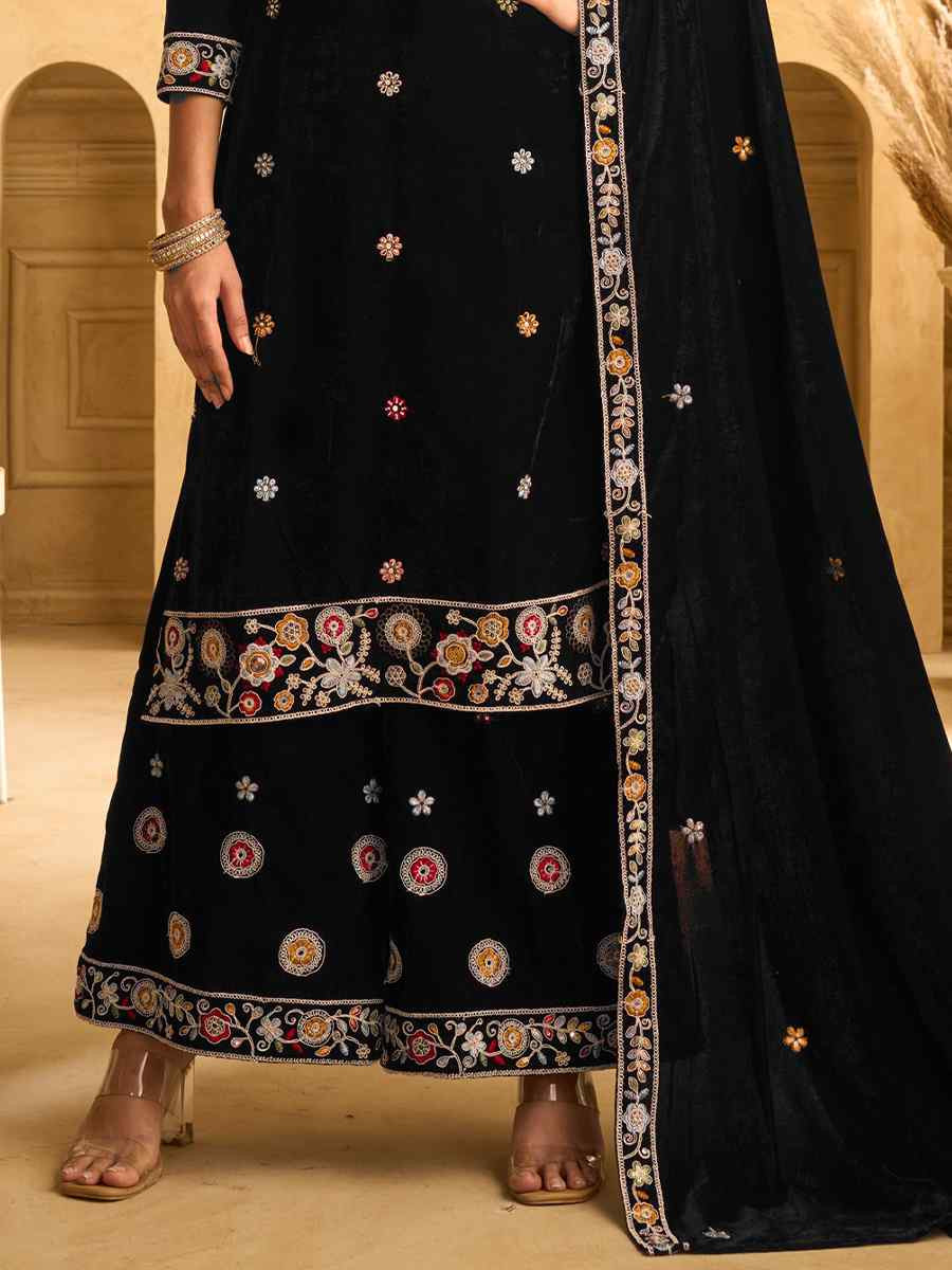 Black Velvet Embroidered Festival Casual Palazzo Pant Salwar Kameez