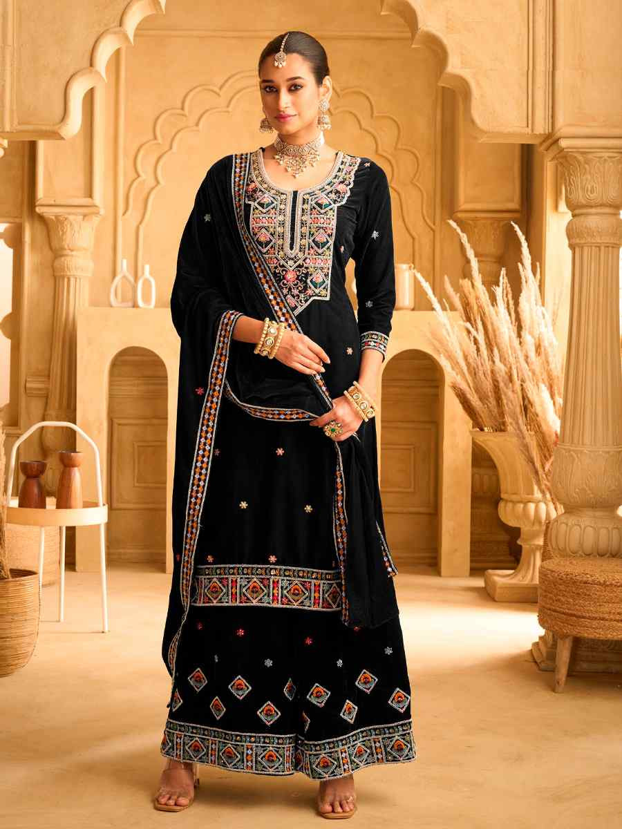 Black Velvet Embroidered Festival Casual Ready Palazzo Pant Salwar Kameez