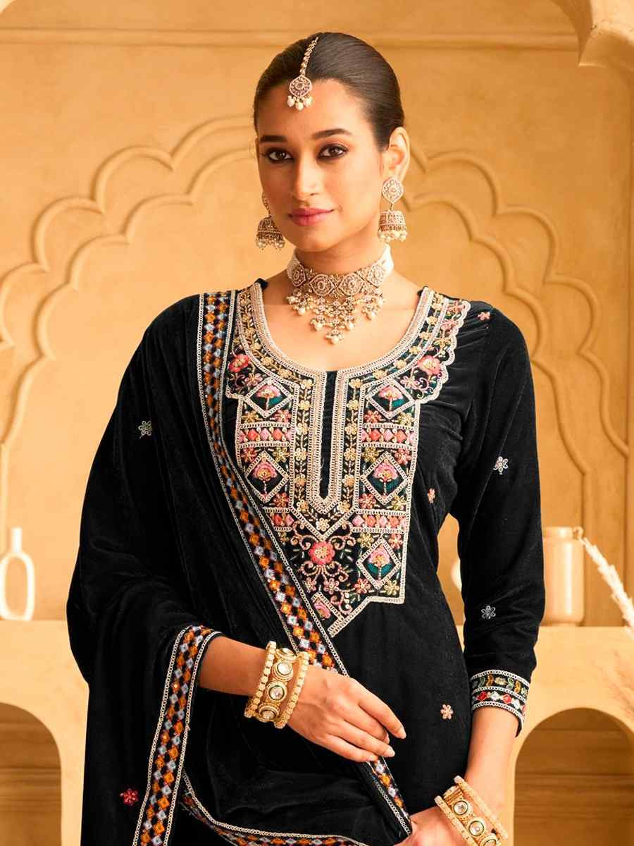 Black Velvet Embroidered Festival Casual Ready Palazzo Pant Salwar Kameez