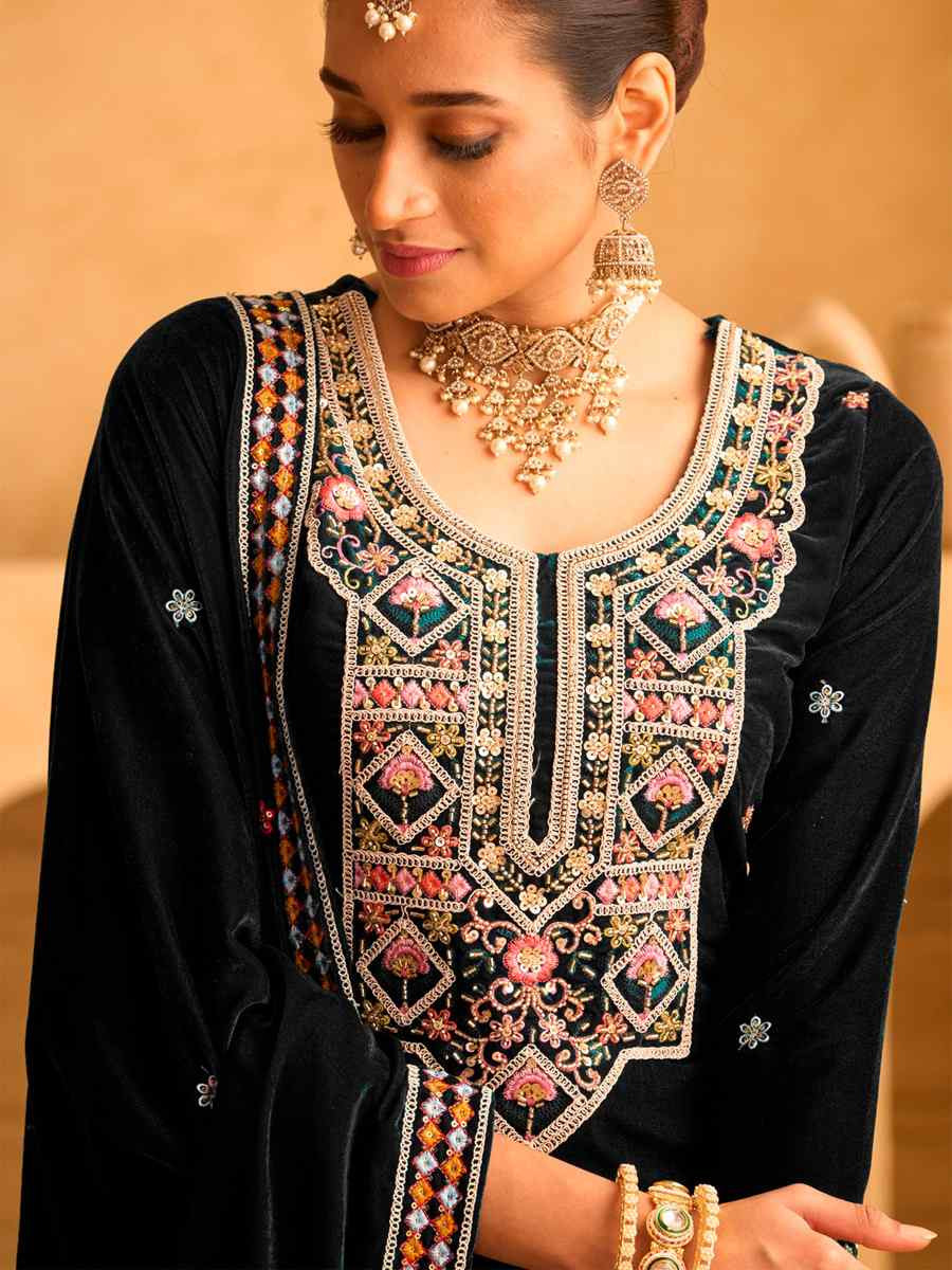 Black Velvet Embroidered Festival Casual Ready Palazzo Pant Salwar Kameez