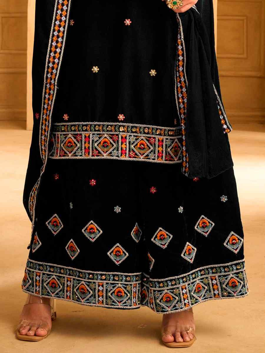 Black Velvet Embroidered Festival Casual Ready Palazzo Pant Salwar Kameez