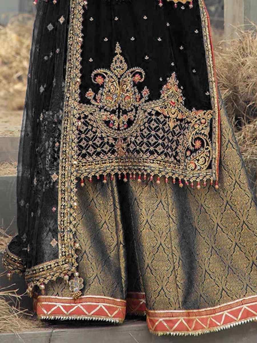 Black Velvet Embroidered Festival Wedding Palazzo Pant Salwar Kameez