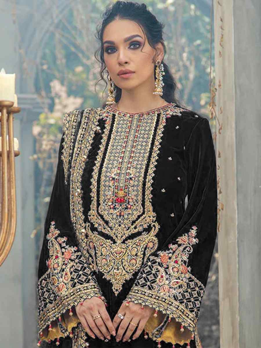 Black Velvet Embroidered Festival Wedding Palazzo Pant Salwar Kameez