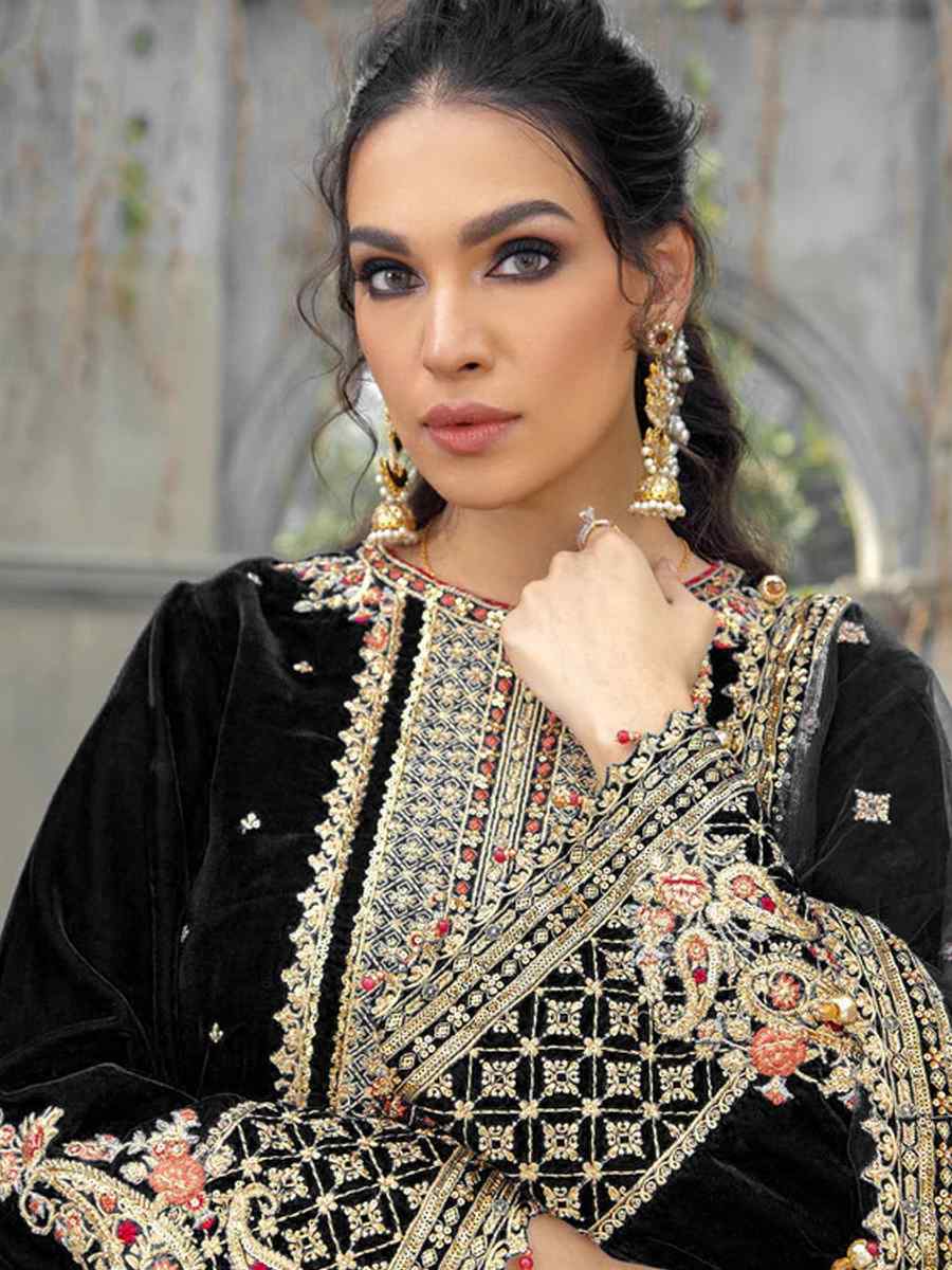 Black Velvet Embroidered Festival Wedding Palazzo Pant Salwar Kameez