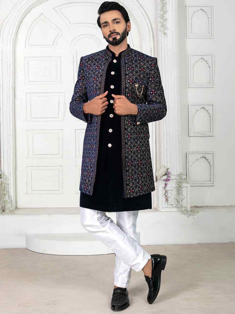 Black Velvet Embroidered Wedding Groom Sherwani