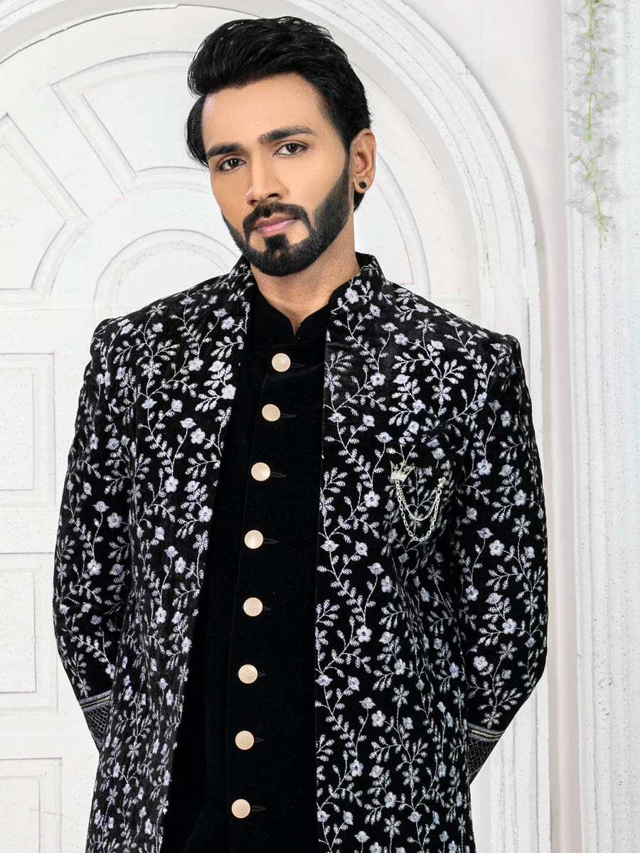 Black Velvet Embroidered Wedding Groom Sherwani