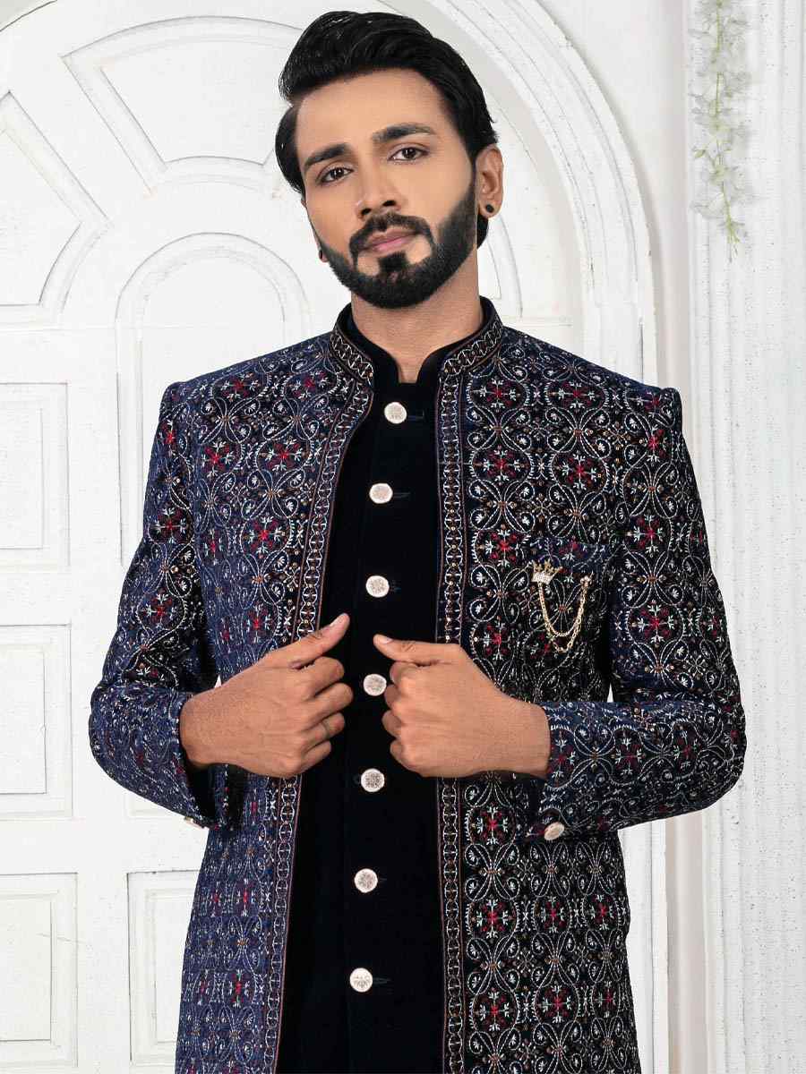 Black Velvet Embroidered Wedding Groom Sherwani