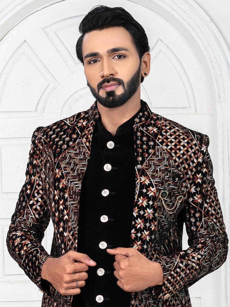 Black Velvet Embroidered Wedding Groom Sherwani