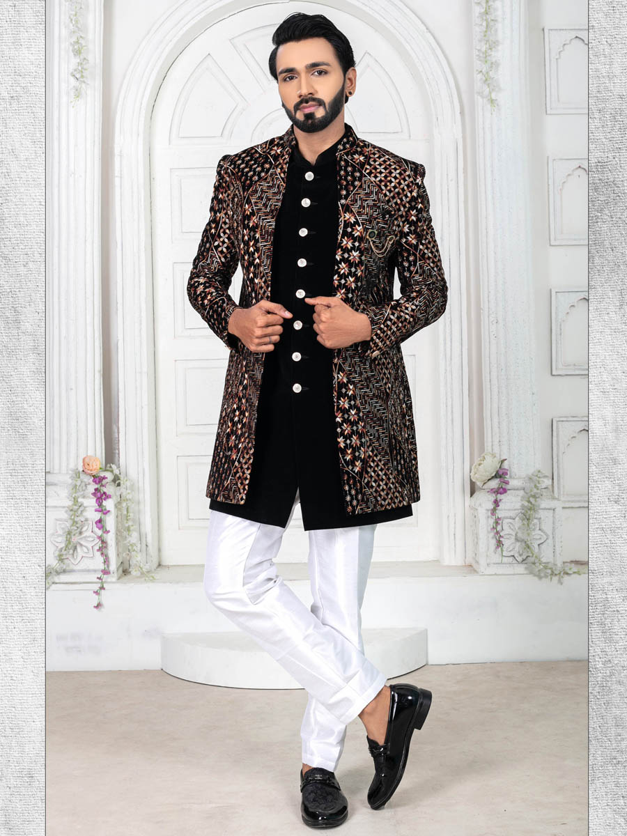 Black Velvet Embroidered Wedding Groom Sherwani