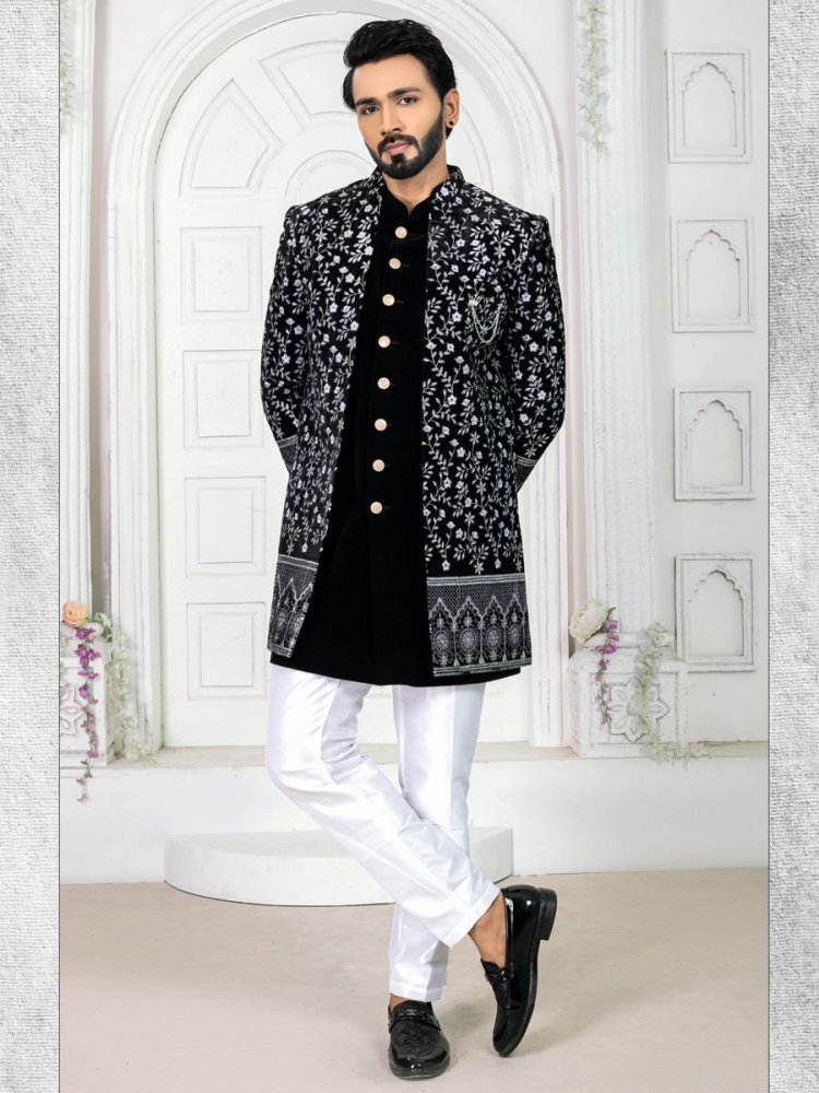 Black Velvet Embroidered Wedding Groom Sherwani