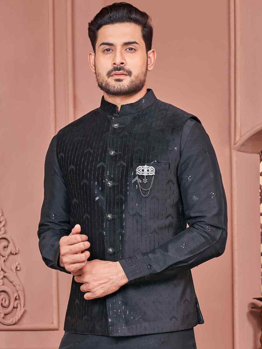 Black Velvet Woven Festival Wedding Kurta