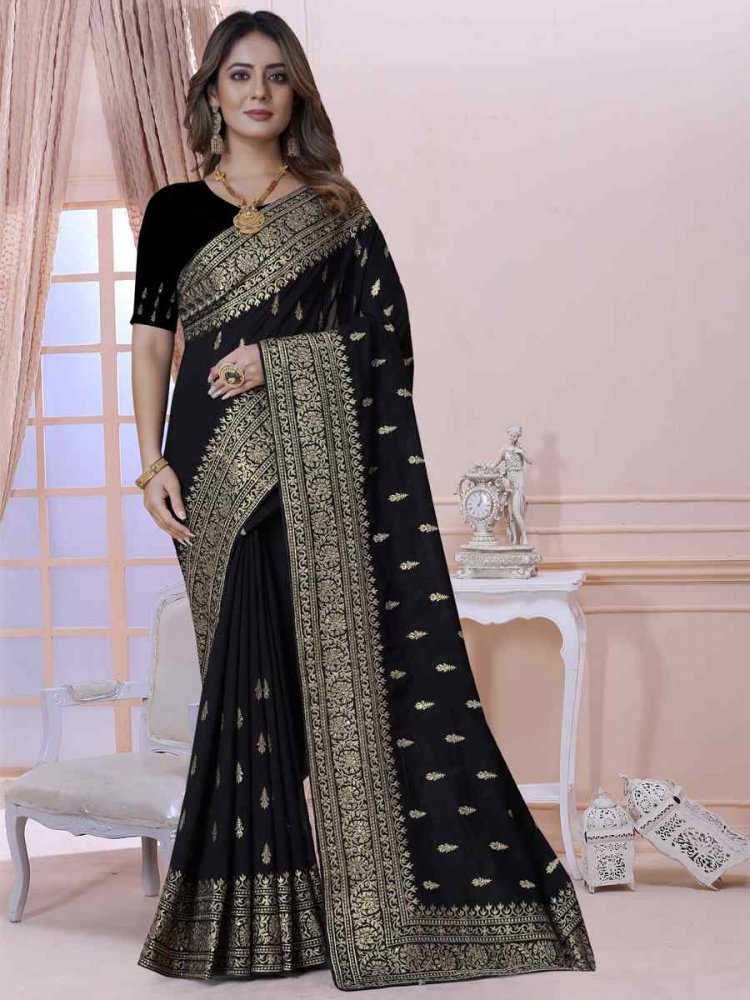 Black Vichitra Blooming Silk Embroidered Wedding Festival Heavy Border Saree