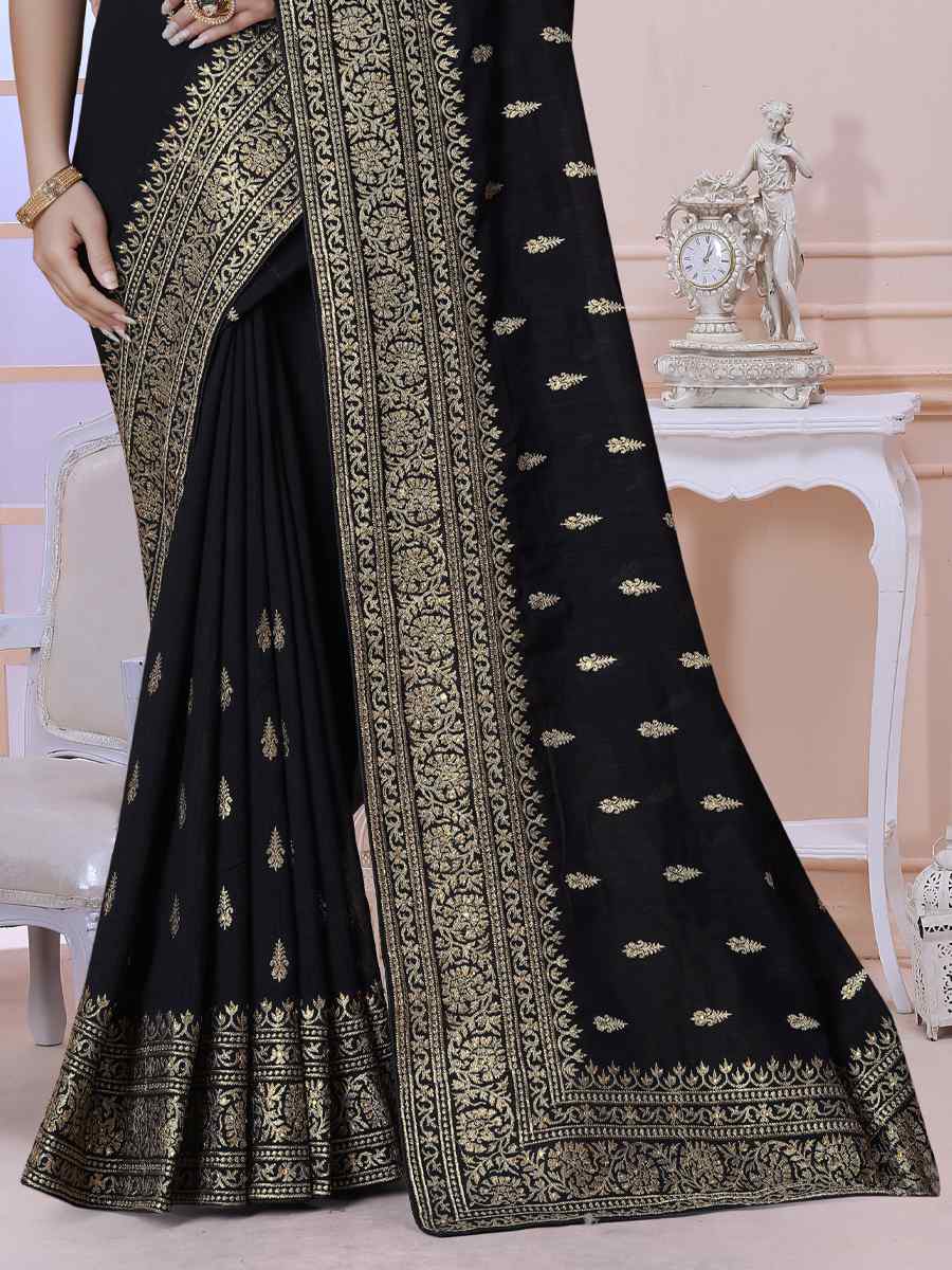 Black Vichitra Blooming Silk Embroidered Wedding Festival Heavy Border Saree