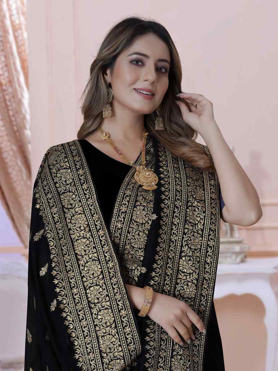 Black Vichitra Blooming Silk Embroidered Wedding Festival Heavy Border Saree