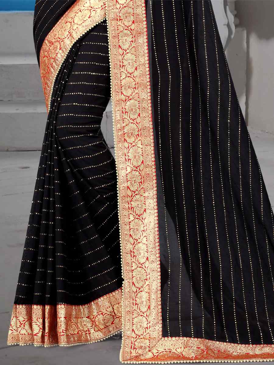 Black Vichitra Blooming Silk Handwoven Wedding Festival Heavy Border Saree