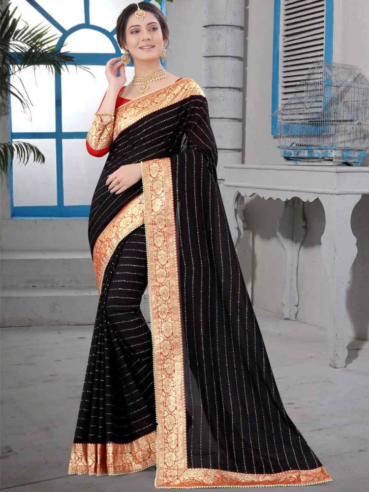 Black Vichitra Blooming Silk Handwoven Wedding Festival Heavy Border Saree