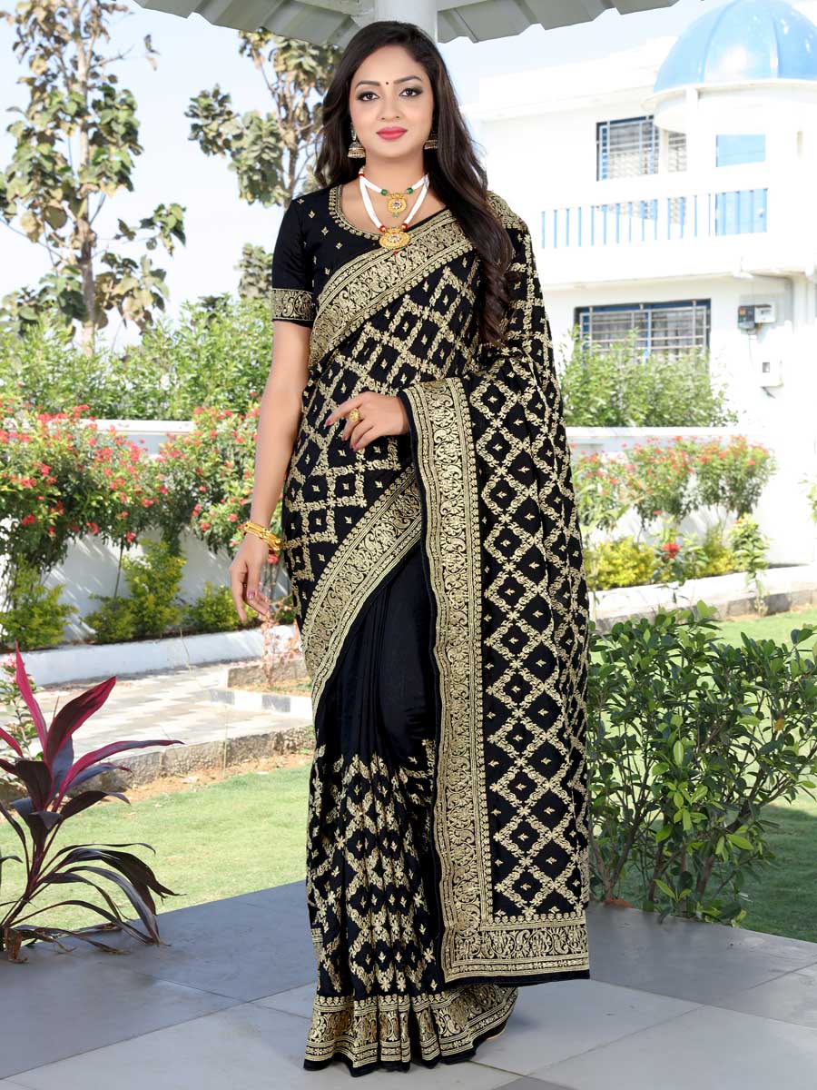 Black Vichitra Silk Embroidered Festival Saree
