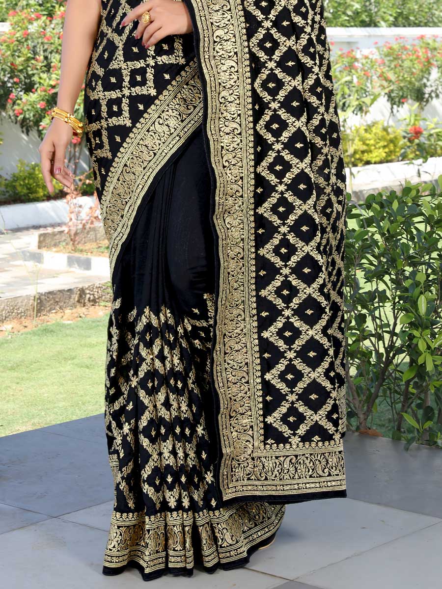 Black Vichitra Silk Embroidered Festival Saree